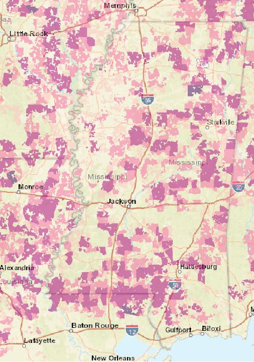 The shaded areas show areas that will receive new broadband service.