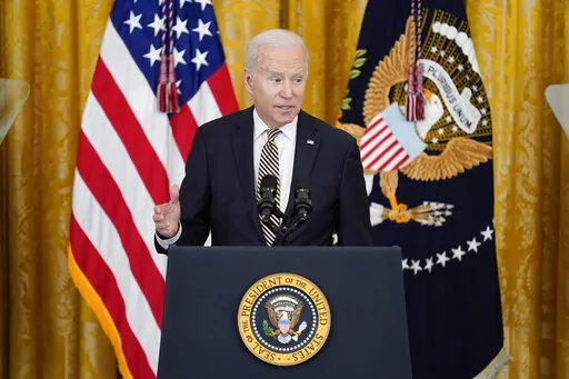President Joe Biden speaks at an event to celebrate the reauthorization of the Violence Against Women Act in the East Room of the White House, Wednesday, March 16, 2022, in Washington. (AP Photo/Patrick Semansky)