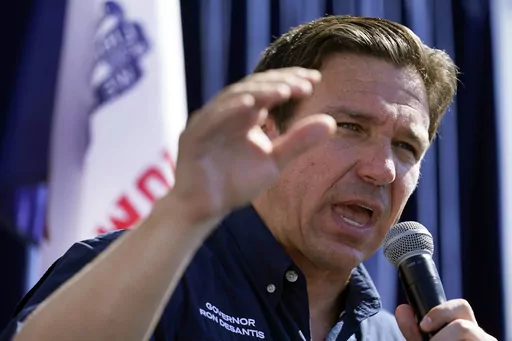 Republican presidential candidate Florida Gov. Ron DeSantis speaks during a Fair-Side Chat at the Iowa State Fair, Aug. 12, 2023, in Des Moines, Iowa. DeSantis said Saturday, Aug 26, 2023, in a post on the social media site X, formerly known as Twitter, that he has directed state emergency officials begin preparations for a storm. (AP Photo/Jeff Roberson, File)