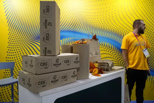 Packaging made from leaves is on display at the Releaf Paper booth during the CES tech show Thursday, Jan. 5, 2023, in Las Vegas. (AP Photo/John Locher)