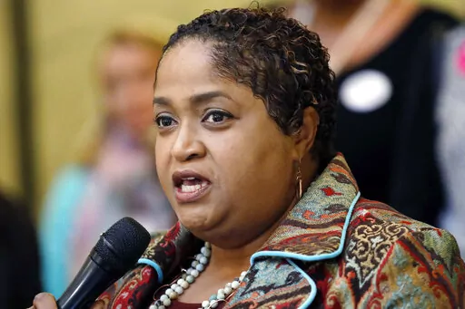 Rep. Sonya Williams-Barnes, D-Gulfport, speaks at a news conference on the gender pay gap at the Capitol in Jackson, Miss., on March 15, 2017. Williams-Barnes, who was a longtime leader in working to remove a Confederate symbol from the state flag said Monday, May 2, 2022, that she is stepping down to take a job with an advocacy group. She said her last day in the state House will be Sunday. The next day, she will begin work as Mississippi policy director for the Southern Poverty Law Center. (AP