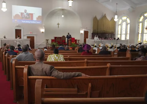 Congregants sit in largely empty pews during service at Zion Baptist Church, April 16, 2023, in Columbia, S.C. Post-pandemic burnout is at worrying levels among Christian clergy in the U.S., prompting many to think about abandoning their jobs, according to a new nationwide survey released Thursday, Jan. 11, 2024. (AP Photo/Jessie Wardarski, File)