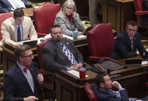 Republican Rep. Scotty Campbell, sits in session in the House Chambers at the Tennessee State Capitol Building in Nashville, Tenn., Monday, March 20, 2023. Campbell, a Republican lawmaker in Tennessee resigned Thursday, April 20, 2023 due to an ethics violation involving the Legislature’s workplace discrimination and harassment policy.(Nicole Hester/The Tennessean via AP)