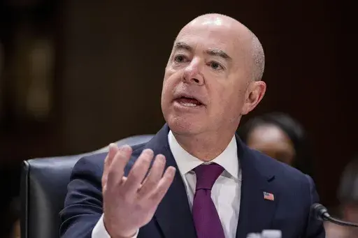 Homeland Security Secretary Alejandro Mayorkas testifies during a hearing of the Senate Appropriations Committee on Capitol Hill, Nov. 8, 2023, in Washington. But the chamber is expected to spend far less time on the impending trial of Mayorkas than for former President Donald Trump's two trials, or maybe no time at all. The Republican-controlled House impeached Mayorkas Feb. 13, 2024, over the Biden administration's handling of the U.S.-Mexico border. But two thirds of the Senate would be neede