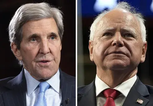 This combination photo shows John Kerry during an interview, Feb. 6, 2024, in Washington, left, and Democratic vice presidential nominee Minnesota Gov. Tim Walz at a campaign rally, Aug. 10, 2024, in Las Vegas. (AP Photo)