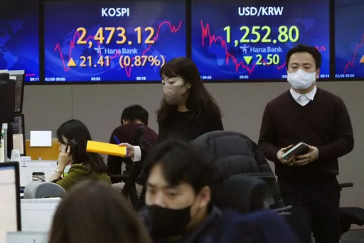 Currency traders pass by the screens showing the Korea Composite Stock Price Index (KOSPI), left, and the foreign exchange rate between U.S. dollar and South Korean won at the foreign exchange dealing room of the KEB Hana Bank headquarters in Seoul, South Korea, Wednesday, Feb. 8, 2023. Shares were mixed in Asia on Wednesday after stocks rallied on Wall Street following comments by the chair of the Federal Reserve signaling that last week’s stunningly strong jobs report won’t by itself sway 