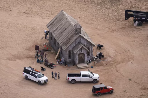 This aerial photo shows the movie set of "Rust" at Bonanza Creek Ranch in Santa Fe, N.M., on Saturday, Oct. 23, 2021. Prosecutors in New Mexico plan to drop an involuntary manslaughter charge against Alec Baldwin in the fatal 2021 shooting of a cinematographer on the set of the Western film “Rust.” Baldwin’s attorneys said in a statement Thursday that they are pleased with the decision to dismiss the case. (AP Photo/Jae C. Hong, File)
