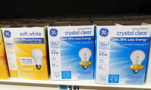 General Electric light bulbs are displayed in a supermarket April 5, 2021 in New York. The Biden administration is scrapping old-fashioned incandescent light bulbs. Rules finalized by the Energy Department will require manufacturers to sell energy-efficient lightbulbs, accelerating a longtime industry practice to use compact fluorescent and LED bulbs that last 25 to 50 times longer than incandescent bulbs. (AP Photo/Mark Lennihan, File)
