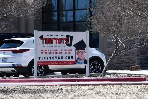 Tiny Tots U Learning Academy has multiple measles cases, as seen Tuesday, April 8, 2025, in Lubbock, Texas. (AP Photo/Annie Rice)
