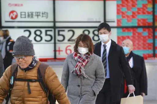 People walk by an electronic stock board of a securities firm in Tokyo, Friday, Jan. 7, 2022. Asian markets are mostly higher after more declines in big technology stocks pulled major indexes lower on Wall Street. Tokyo and Taiwan declined but other regional markets advanced. U.S. futures also were higher.(AP Photo/Koji Sasahara)