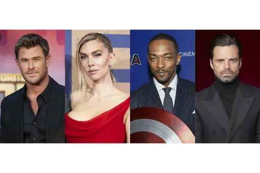 This combination of photos shows Chris Hemsworth at the London premiere of "Transformers One" on Sept. 19, 2024, from left, Vanessa Kirby at the London premiere of "Napoleon," on Nov. 15, 2023, Anthony Mackie at a screening of "Captain America: Brave New World" in New York on Feb. 13, 2025, and Sebastian Stan at the Academy Museum Gala in Los Angeles on Oct. 19, 2024. (AP Photo)