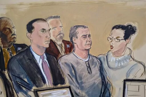 FILE- In this Jan 3, 2020 file courtroom sketch, defense attorney Cesar de Castro, left, Mexico's former top security official, Genaro Garcia Luna, center, and a court interpreter, appear for an arraignment hearing in Brooklyn federal court in New York, Jan. 3, 2020. The former top security official is scheduled to go on trial Tuesday, Jan. 17, 2023, on charges he accepted millions of dollars in bribes in exchange for helping the powerful Sinaloa Cartel move drugs and its members avoid capture. 