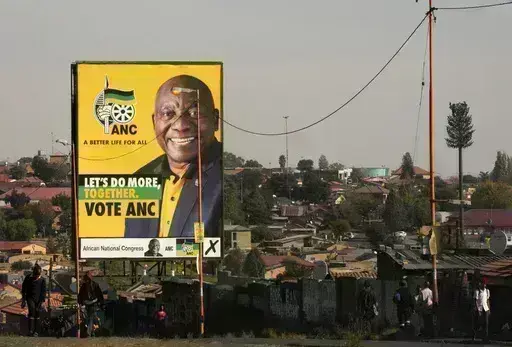 An election poster, with President Cyril Ramaphosa atop a pole in Soweto, South Africa, on April 22, 2024. Ramaphosa has tried to rebuild the reputation of the ANC by cracking down on government graft, but unemployment has risen to 32% under him and he has struggled to curb poverty. (AP Photo/Themba Hadebe, File)