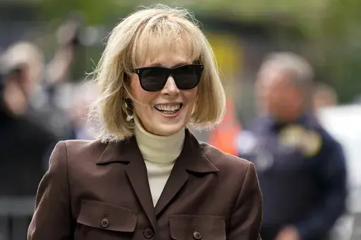 E. Jean Carroll arrives at Manhattan federal court, May 9, 2023, in New York. Donald Trump’s lawyers said Tuesday, March 5, 2024, that the ex-president deserves a new trial and a fresh chance to tell a jury why he berated writer Carroll for her sex abuse claims against him after she revealed them five years ago. (AP Photo/John Minchillo, File)