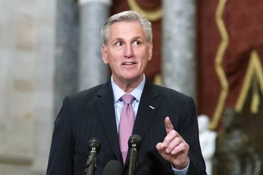 Speaker of the House Kevin McCarthy, R-Calif., speaks during a news conference in Statuary Hall at the Capitol in Washington, Thursday, Jan. 12, 2023. McCarthy rounded his first full week as House speaker in the most outwardly orderly way. There was hardly a hint of the chaotic, rebellious fight it took for the Republicans to arrive here, having barely installed him as the leader with the gavel. (AP Photo/Jose Luis Magana)