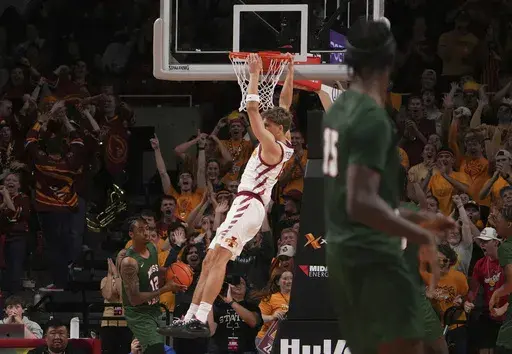 Iowa State's Nojus Indrusautis dunks the ball against Mississippi Valley State during the first half of an NCAA college basketball game, Monday, Nov. 4, 2024, in Ames, Iowa. (AP Photo/Bryon Houlgrave)