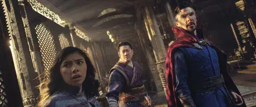 This image released by Marvel Studios shows, from left, Xochitl Gomez as America Chavez, Benedict Wong as Wong, and Benedict Cumberbatch as Dr. Stephen Strange in a scene from "Doctor Strange in the Multiverse of Madness." (Marvel Studios via AP)