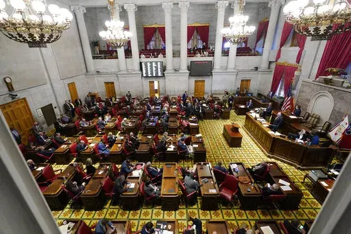 The Tennessee House of Representatives meets Wednesday, Oct. 27, 2021, in Nashville, Tenn.  A lawsuit backed by the Tennessee Democratic Party seeks to block new redistricting maps for the state House and Senate, arguing Republican lawmakers who drew the maps violated the state Constitution to keep a firm grip on their partisan advantages. (AP Photo/Mark Humphrey, File)