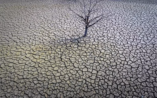 The cracked earth of the Sau reservoir is visible north of Barcelona, Spain, March 20, 2023. Earth last year shattered global annual heat records, the European climate agency said Tuesday, Jan. 9, 2024. (AP Photo/Emilio Morenatti, File)