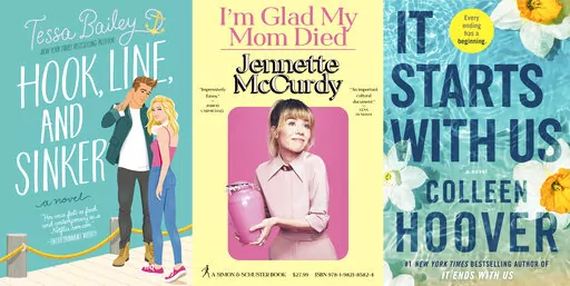 This combination of images shows book cover art for 2022 releases "Hook, Line and Sinker" by Tessa Bailey, "I'm Glad My Mom Died," a memoir by Jennette McCurdy, and "It Starts with Us" by Colleen Hoover. (Avon/Simon & Schuster/Atria via AP)