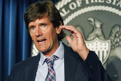 Mississippi State Health Officer Dr. Thomas Dobbs responds to a question during a news briefing regarding the state's COVID-19 response, Aug. 19, 2021, in Jackson, Miss. Dobbs will resign at the end of July, 2022 and he hopes to go back into teaching, the state Health Department announced Tuesday, March 8, 2022. (AP Photo/Rogelio V. Solis, File)