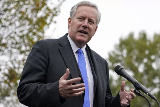 White House chief of staff Mark Meadows speaks with reporters outside the White House, Monday, Oct. 26, 2020, in Washington. A federal appeals court will hear arguments Friday, Dec. 15, 2023, over whether the election interference charges filed against Trump White House chief of staff Mark Meadows should be moved from a state court to federal court. (AP Photo/Patrick Semansky, File)