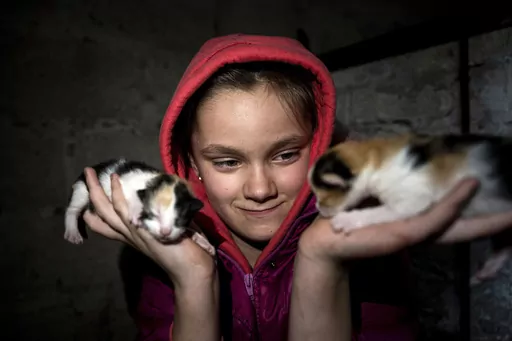 10 year old Khrystyna pets her kittens at her house in Bohoyavlenka, Ukraine, on Sunday, April 9, 2023. Khrystyna's father died last summer after a Russian shell hit his basement. (AP Photo/Evgeniy Maloletka)