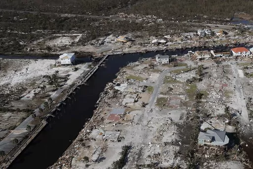 Devastation from Hurricane Michael is visible including the area around Bonny Paulson's home, center top, in Mexico Beach, Fla., Friday, Oct. 12, 2018. Some developers are building homes like Paulson's with an eye toward making them more resilient to the extreme weather that's increasing with climate change, and friendlier to the environment at the same time. (AP Photo/Gerald Herbert)