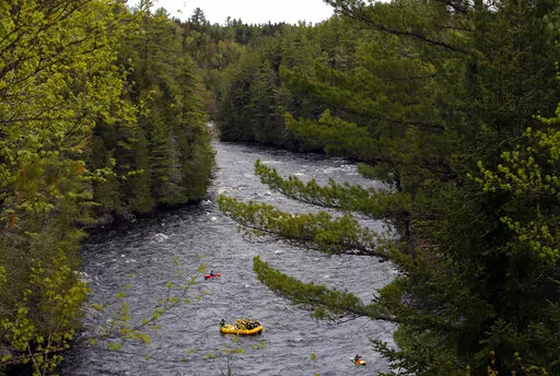Whitewater rafters paddle on the Kennebec River in The Forks, Maine, on May 28, 2019. On the Kennebec River, conservation groups and state environmental agencies are pushing for the removal of four hydropower dams that block endangered Atlantic salmon from reaching habitat. The dams generate about 5% of the state’s renewable energy. (AP Photo/Robert F. Bukaty, File)