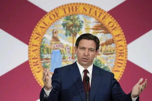 Florida Gov. Ron DeSantis speaks during a news conference, May 9, 2023, in Miami. On Saturday, Aug. 26, DeSantis declared a state of emergency for most of Florida's Gulf coast as forecasters say a weather system off the coast of Mexico could soon become a tropical storm and start moving toward the area. (AP Photo/Rebecca Blackwell, File)