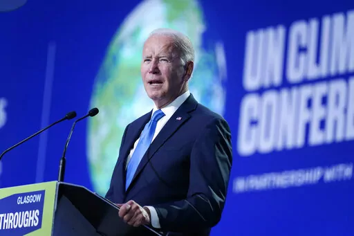President Joe Biden speaks during the "Accelerating Clean Technology Innovation and Deployment" event at the COP26 U.N. Climate Summit, Nov. 2, 2021, in Glasgow, Scotland.  In a victory for President Joe Biden, a federal appeals court Thursday, April 14, 2022 refused to revisit its March decision reviving administration plans to account for potential damage from greenhouse gas emissions when creating rules for polluting industries.  (AP Photo/Evan Vucci, Pool, File)