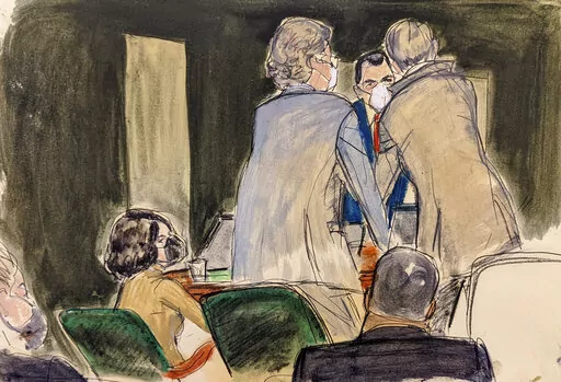 In this courtroom sketch, Ghislaine Maxwell, left, wears a court-ordered N95 face mask while her defense team, right, confers during Maxwell's sex trafficking trial, Monday, Dec. 27, 2021, in New York. (AP Photo/Elizabeth Williams)