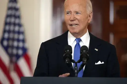President Joe Biden speaks in the Cross Hall of the White House Monday, July 1, 2024, in Washington. (AP Photo/Jacquelyn Martin)