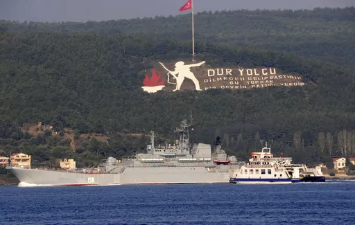 A Russian ship named Caesar Kunikov passes through the Dardanelles strait in Turkey en route to the Mediterranean Sea, on Oct. 4, 2015. Ukraine's military said Wednesday Feb. 14, 2024 it sank a Russian landing ship in the Black Sea using naval drones, a report that has not been confirmed by Russian forces. The Caesar Kunikov amphibious ship sank near Alupka, a city on the southern edge of the Crimean Peninsula that Moscow annexed in 2014, Ukraine’s General Staff said. It said the ship can carr