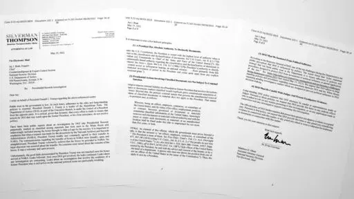 A letter from M. Evan Corcoran, one of former President Donald Trump's attorneys, that was in the affidavit by the FBI in support of obtaining a search warrant for former President Donald Trump's Mar-a-Lago estate is photographed Friday, Aug. 26, 2022. U.S. Magistrate Judge Bruce Reinhart ordered the Justice Department to make public a redacted version of the affidavit it relied on when federal agents searched Trump's estate to look for classified documents. (AP Photo/Jon Elswick)