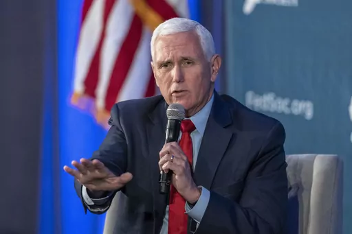 Former Vice President Mike Pence speaks at the Federalist Society Executive Branch Review conference, Tuesday, April 25, 2023, in Washington. (AP Photo/Alex Brandon)