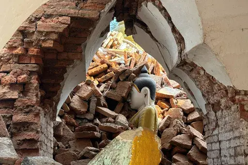 A damaged pagoda is seen in the aftermath of Friday's earthquake in Amarapura township, Mandalay, Myanmar, Wednesday, April 2, 2025. (AP Photo)