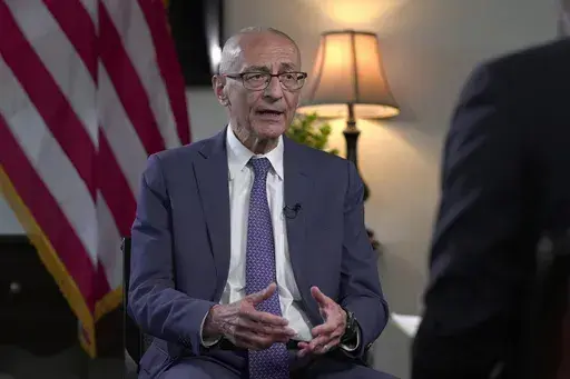 President Joe Biden’s top climate diplomat John Podesta speaks during an interview with The Associated Press at the Eisenhower Executive Office Building on the White House complex in Washington, Wednesday, May 29, 2024. (AP Photo/Serkan Gurbuz)