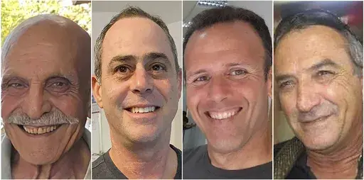 This combination of images provided by Hostages Family Forum shows Shlomo Mantzur, Tsachi Idan, Ohad Yahalomi and Itzik Elgarat, who all were abducted and brought to Gaza on Oct. 7, 2023. (Hostages Family Forum via AP)