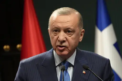 Turkish President Recep Tayyip Erdogan speaks during a news conference in Ankara, Turkey, Monday, May 13, 2024. (AP Photo/Burhan Ozbilici, File)