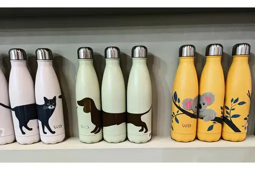 A selection of Lifestyle WD water bottles featuring animals are displayed at the Ambiente homewares trade fair in Frankfurt, Germany in Feb. 2025. (Kim Cook via AP)