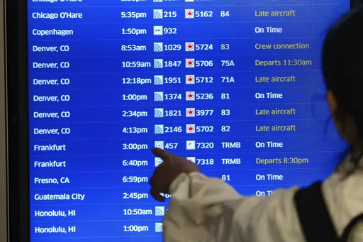 A traveler checks the departures flight board at the United Airlines terminal at Los Angeles International airport, on Wednesday, June 28, 2023, in Los Angeles. (AP Photo/Damian Dovarganes)