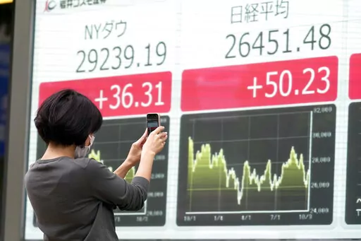 A person takes photos of an electronic stock board showing Japan's Nikkei and New York Dow indexes at a securities firm Wednesday, Oct. 12, 2022, in Tokyo. Asian shares were mostly lower on Wednesday following another volatile day on Wall Street, as traders braced for updates on inflation and corporate earnings. (AP Photo/Eugene Hoshiko)