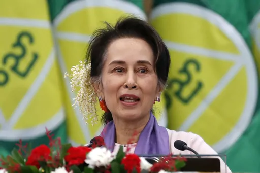 Myanmar's then leader Aung San Suu Kyi delivers a speech in Naypyitaw, Myanmar, on Jan. 28, 2020. Myanmar’s military-led government has reduced the prison sentences of ousted leader Aung San Suu Kyi in a clemency connected to a religious ceremony, state media said Tuesday, Aug. 1, 2023. (AP Photo, File)