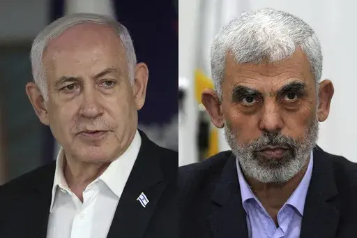 This combination of photos shows Israeli Prime Minister Benjamin Netanyahu, left, in Ramat Gan, Israel, on June 8, 2024, and Hamas leader Yahya Sinwar in Gaza City, on April 13, 2022. (AP Photo)