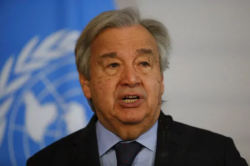 The Secretary-General of the United Nations, Antonio Guterres, addresses the media during a joint press conference with the President of Austria, Alexander Van der Bellen, in Vienna, Austria, Wednesday, May 11, 2022. Guterres is on Wednesday, May 18 launching a five-point plan to jump-start broader use of renewable energies as the U.N. weather agency reported that greenhouse gas concentrations, ocean heat, sea-level rise, and ocean acidification hit new records last year. (AP Photo/Theresa Wey, 