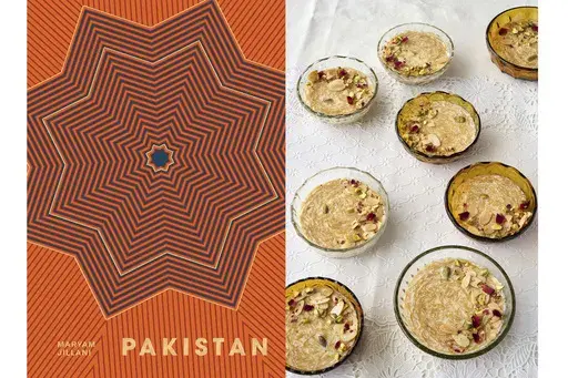 This combination of photos shows cover art for the cookbook "Pakistan," by Maryam Jillani, left, and a dessert recipe from the book called seviyan. (Hardie Grant Publishing via AP, left, and Sonny Thakur via AP)