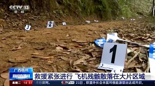 In this image taken from video footage run by China's CCTV, debris marked by numbers is seen at the site of a plane crash in Tengxian County in southern China's Guangxi Zhuang Autonomous Region, Tuesday, March 22, 2022. Mud-stained wallets. Bank cards. Official identity cards. Some of the personal effects of 132 lives presumed lost were lined up by rescue workers scouring a remote mountainside Tuesday for the wreckage of a China Eastern plane that one day earlier inexplicably fell from the sky a