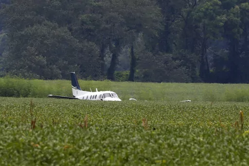 A stolen airplane rests in a field of soybeans after crash-landing near Ripley, Miss., on Sept. 3, 2022. Cory Wayne Patterson, 29, an airport worker who flew a stolen plane erratically over north Mississippi and threatened to crash into a Walmart in September, has died Monday, Nov. 14, 2022, in a federal prison in Miami, where he was being held while awaiting trial. (AP Photo/Nikki Boertman, File)