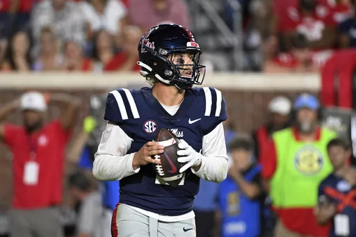 Mississippi quarterback Jaxson Dart looks to pass during the second half the team's NCAA college football game against Georgia Tech in Oxford, Miss., Saturday, Sept. 16, 2023. (AP Photo/Thomas Graning)